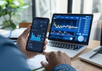 Poster - A man holding his phone with an animated graph of stock market trends floating above it, while sitting at a desk with a laptop and notebook in front of him on which he's taking notes.