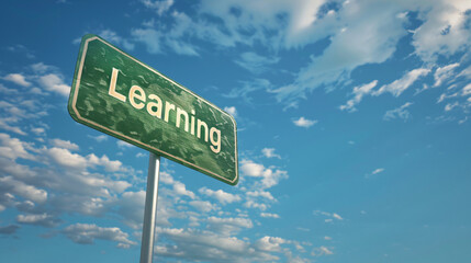 Aufkleber - Green road sign pointing to learning on a beautiful blue sky background