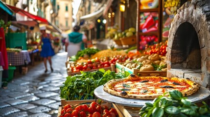 Wall Mural - A vendor is pulling a pizza out of a wood-fired oven, the vibrant background adding to the authentic Italian atmosphere.