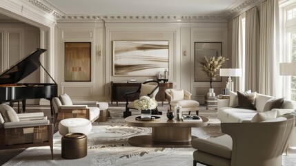 Wall Mural - Envision a classic living room with elegant furniture, a grand piano, and tasteful artwork.