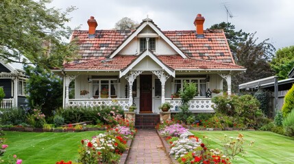 Poster - Envision a cozy British bungalow with a red-tiled roof, white walls, and a charming front porch.