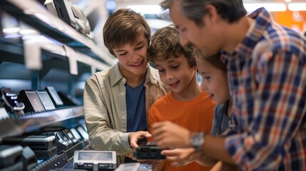 Wall Mural - Envision a family exploring an electronics store, excitedly checking out the latest gadgets.