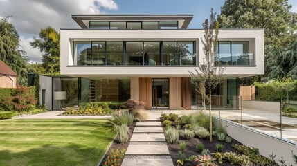 Poster - Envision a modern British home with sleek, minimalist architecture, large glass windows, and a landscaped front garden.