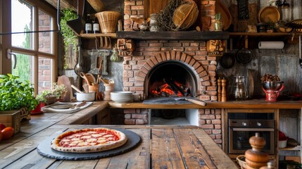 Wall Mural - A freshly baked pizza is being pulled out of the oven, with the charming, countryside enhancing the homely feel.