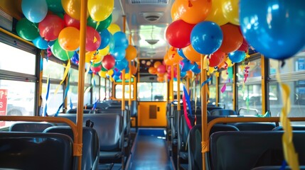 Poster - Envision a school bus decorated with banners and balloons for a special occasion, like a graduation or school spirit day.