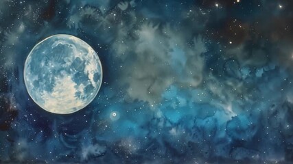 Wall Mural - a full moon glows brightly in a dark blue night sky, surrounded by a scattering of stars and waterco