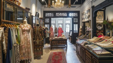 Wall Mural - Envision a serene boutique in Penang, where traditional Malaysian attire and modern fashion coexist.