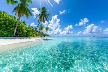 Tropical island vacation, Maldives, showcasing its pristine white sandy beaches and crystal clear waters. Palm trees and blue sky holiday destination coastal landscape