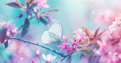 Beautiful butterfly background on pastel flowers branch close up. Soft blue and purple spring natural scene with blurred bokeh. Romantic nature banner for design, greeting card copy space.