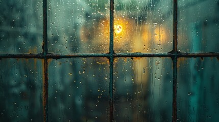 Poster - Abandoned house with old window and blue wall. Grungy background with raindrops on the glass.