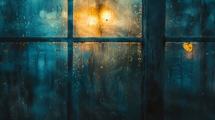 Poster - Abandoned house with old window and blue wall. Grungy background with raindrops on the glass.