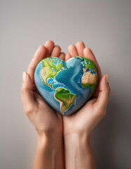 Wall Mural - The heart-shaped earth in the hands of a person, on a clean and clear background, conveys a message of global unity. concept of International Day of Peace
