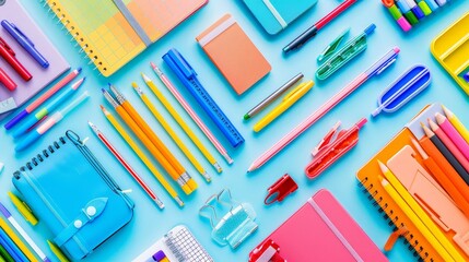 Wall Mural - Imagine a colorful assortment of school supplies spread out on a desk, including notebooks, pencils, pens, and highlighters.