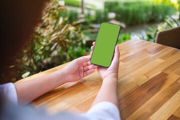 Wall Mural - Mockup image of a woman holding mobile phone with blank desktop screen in the outdoors