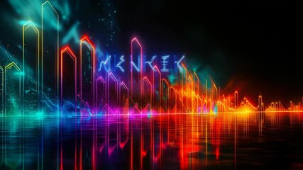 Poster - Vibrant Technicolor Futuristic Stock Market Indicators Rising Arrows at Night Financial Growth Animated Illustration