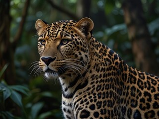 majestic sri lankan leopard with a spotted coat and alert eyes in a lush rainforest. captured in ult