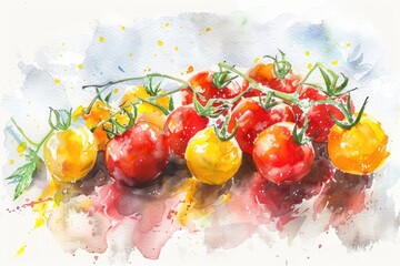 Wall Mural - Harvest of Juicy Ripe Tomatoes. Watercolor Illustration with Homemade Tomato Sauce for Healthy Cooking