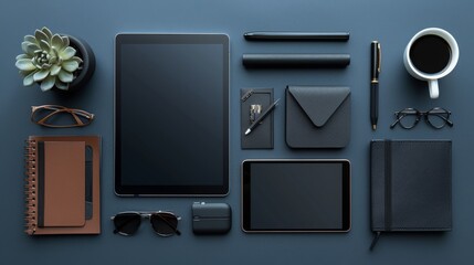 Flat lay of a work desk with a tablet, smartphone, coffee cup, and stationery, clean and minimalistic design