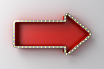 Aufkleber - Blank red arrow sign with retro yellow neon light bulbs and metal frame isolated on white grey wall background with shadow creative idea concept 3D rendering