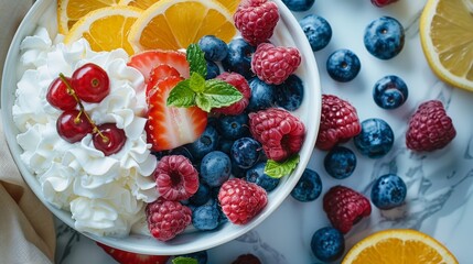 Wall Mural - healthy breakfast options, a vibrant and healthy breakfast spread with greek yogurt, berries, and citrus fruits on a marble table, providing a quick morning meal option