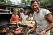 © Milos - A jovial man grilling meat while his happy family enjoys time together in the backyard, signifying the warmth and joy of shared outdoor activities and family harmony.