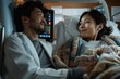 © Milos - A joyous couple look lovingly at their newborn baby in a hospital room, with medical equipment visible, symbolizing the bliss of welcoming new life into the world.