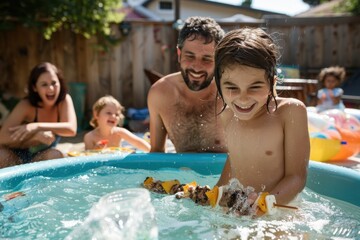 a family enjoys their time in a lively backyard pool, demonstrating the warmth, laughter, and energe