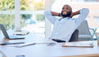© peopleimages.com - Stretching, relax and happy black man in office after finishing work project, planning or complete job in business. Peace of mind, calm and employee resting for freedom, dream and thinking of future