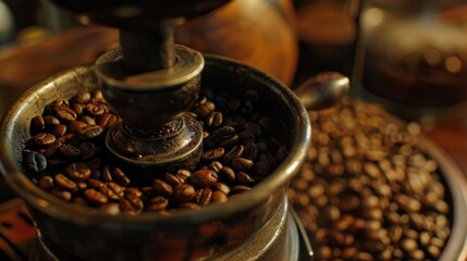 Wall Mural - A coffee grinder filled with plenty of coffee beans, perfect for brewing your favorite cup