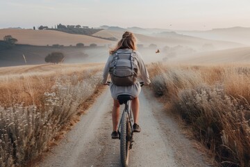 A cyclist riding a bike on a rural dirt path through golden fields at dawn, with misty hills and distant trees, capturing the serene beauty of the countryside.