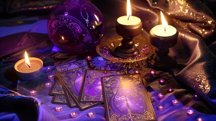 atmospheric mystical background with tarot cards, various elements of esotericism, magic, and witchcraft