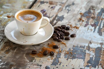 Wall Mural - Espresso Coffee Cup With Beans On Vintage Table