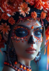 Celebrating Dia De Los Muertos With Vibrant Makeup and Floral Headdress in a Colorful Setting