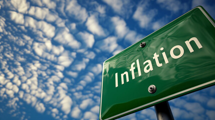 Poster - Green road sign indicating inflation against a backdrop of a blue sky and clouds