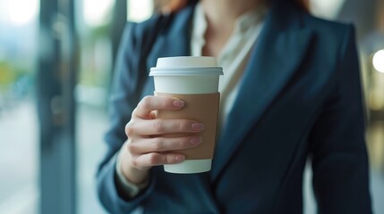 Poster - Close-up of businesswoman hand holding a coffee cup. Blank space on the left for text or logo.