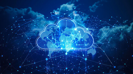 Poster - Digital cloud on in neon lights. Serverless technology on hybrid cloud network with modern digital infrastructure equipment. Concept Serverless Technology, Digital Infrastructure, web storage