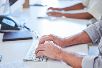 Aufkleber - Call center, typing and hands of people in office with networking, lead generation and research. Computer, keyboard and consultant at help desk writing email for tech support in coworking space