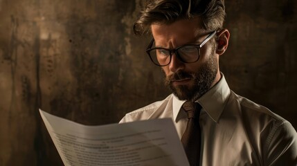 Poster - Businessman with a focused look, reading a report. Ample copy space on the left side for additional content.