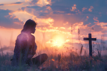 there is a man sitting in a field with a cross in the background