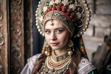 A beautiful girl in a traditional Russian national costume. The portrait symbolizes the traditions of Russia and the beauty of the Russian people.