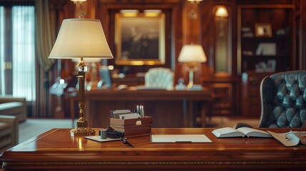 A Golden Lamp Illuminates a Wooden Desk in a Luxurious Office