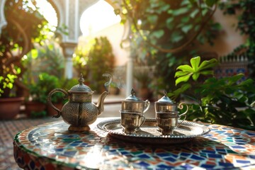 Traditional Moroccan tea set on a colorful mosaic table in a sunlit courtyard