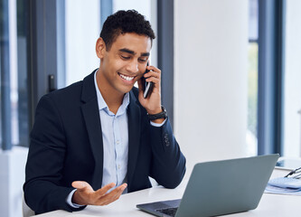 Poster - Phone call, laptop and business man in office for contact, schedule meeting or project feedback. Discussion, mobile and employee for negotiation, networking or talking to client at consulting agency