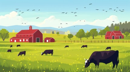 Wall Mural - Organic farm with free-range animals grazing in the fields