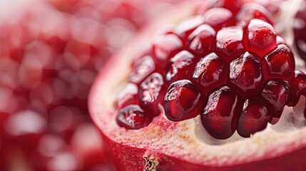 A detailed macro photograph displaying pomegranate seeds with vivid red hues and glossy textures, showcasing the fresh and ripe essence of the fruit.