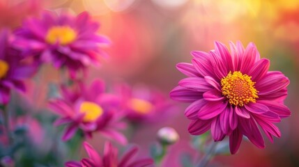 Wall Mural - Vibrant red purple chrysanthemums with yellow centers on a blurred close up background Bright autumn blooms in the garden with space for copy