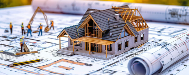 Poster - Detailed Architectural Study of a House Under Construction with Blueprint and Work Crew - Ideal for Building Projects and Construction Planning Concepts