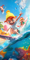 cartoon character surfing on a wave with other characters in the background