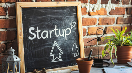 Poster - blackboard with startup concept surrounded by office supplies on a desk
