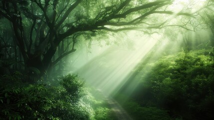 Poster - Sunlight Piercing Through the Dense Forest Canopy Capturing Tranquility and Natural Beauty